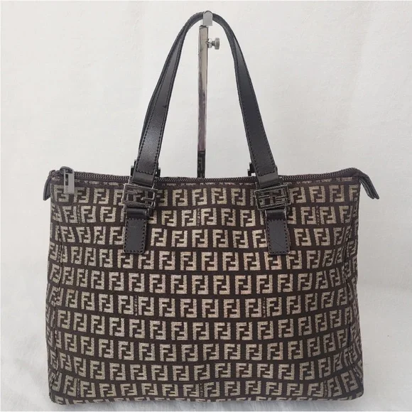 Vintage Fendi Zucchino FF Monogram Canvas Tote Bag Brown Leather Trim Italy - Picture 2 of 10